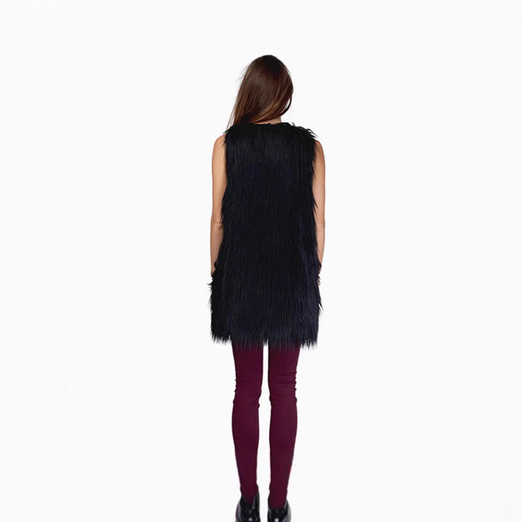 Ladies long sleeveless shaggy faux fur vest with concealing A-line and soft high-pile chichicherry