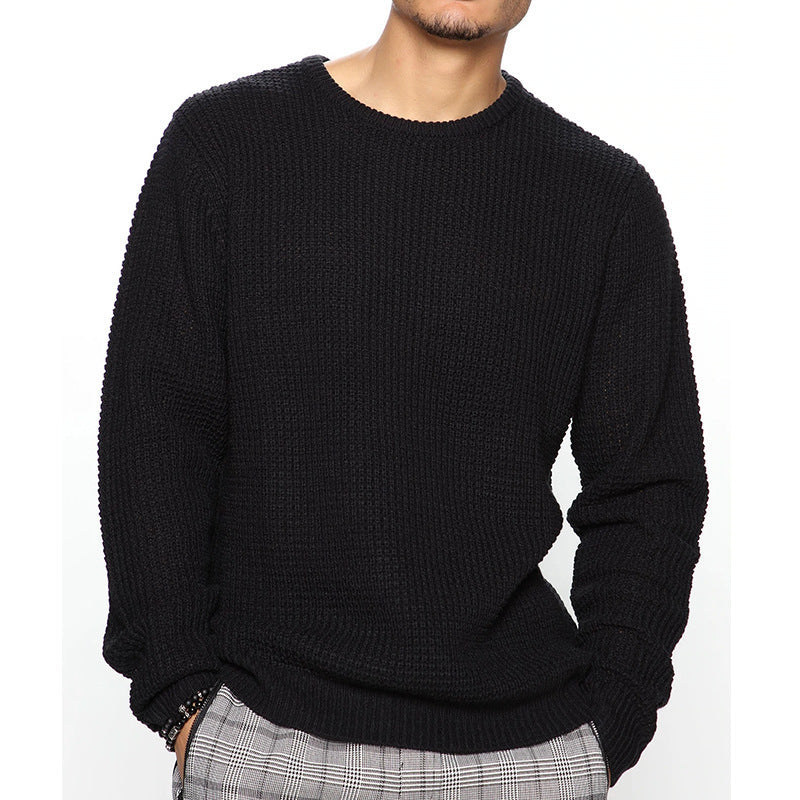 Men's Chunky Knit Crew Neck Sweater with Basketweave Pattern and Relaxed Fit Chichicherry