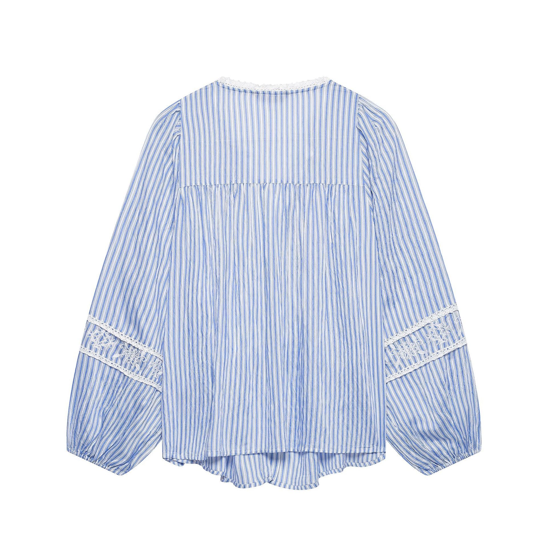 Ladies Striped Blouse with Crochet Lace, Balloon Sleeves and Button Placket Chichicherry