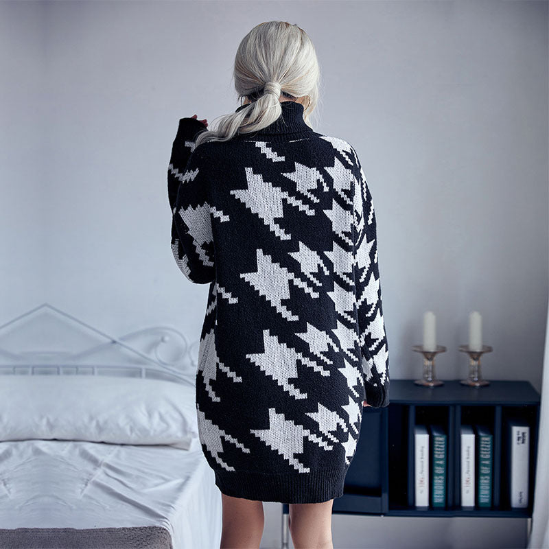 Ladies' knit mini dress with houndstooth jacquard, roll neck and waist-accentuating belt look Chichicherry
