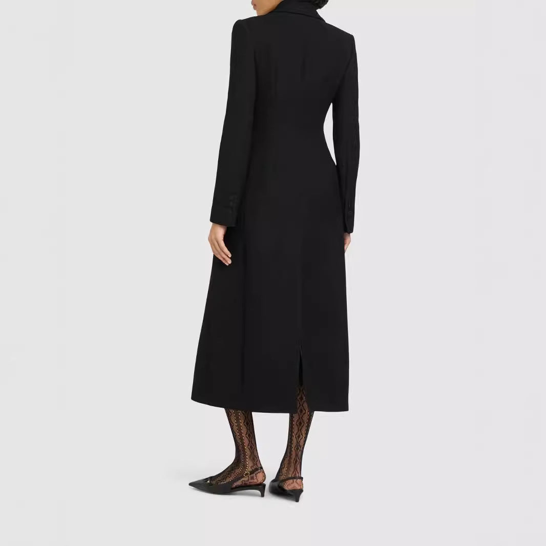 Women's Double-Breasted Tailored Blazer Dress with Maxi Length and Flap Pockets Chichicherry
