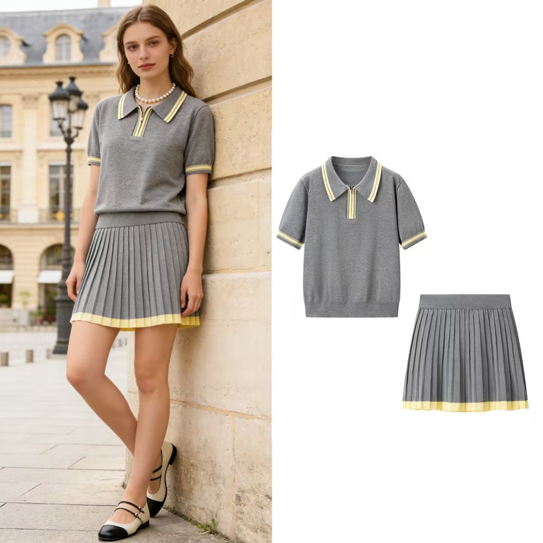 Women's two-piece knitted set with polo shirt and pleated midi skirt Chichicherry