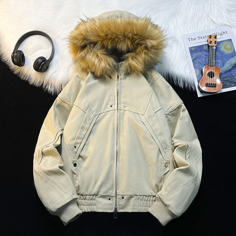 Unisex Wattierte Bomberjacke mit großer Kapuze und Kunstfellbesatz Chichicherry
