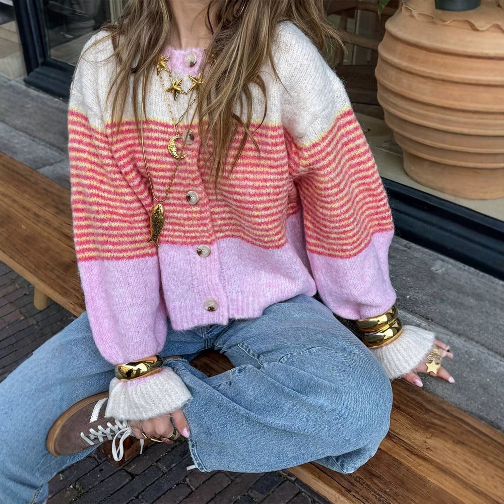 Women's Short Knit Cardigan made of Mohair Blend with Stripes, Button Placket and Balloon Sleeves Chichicherry