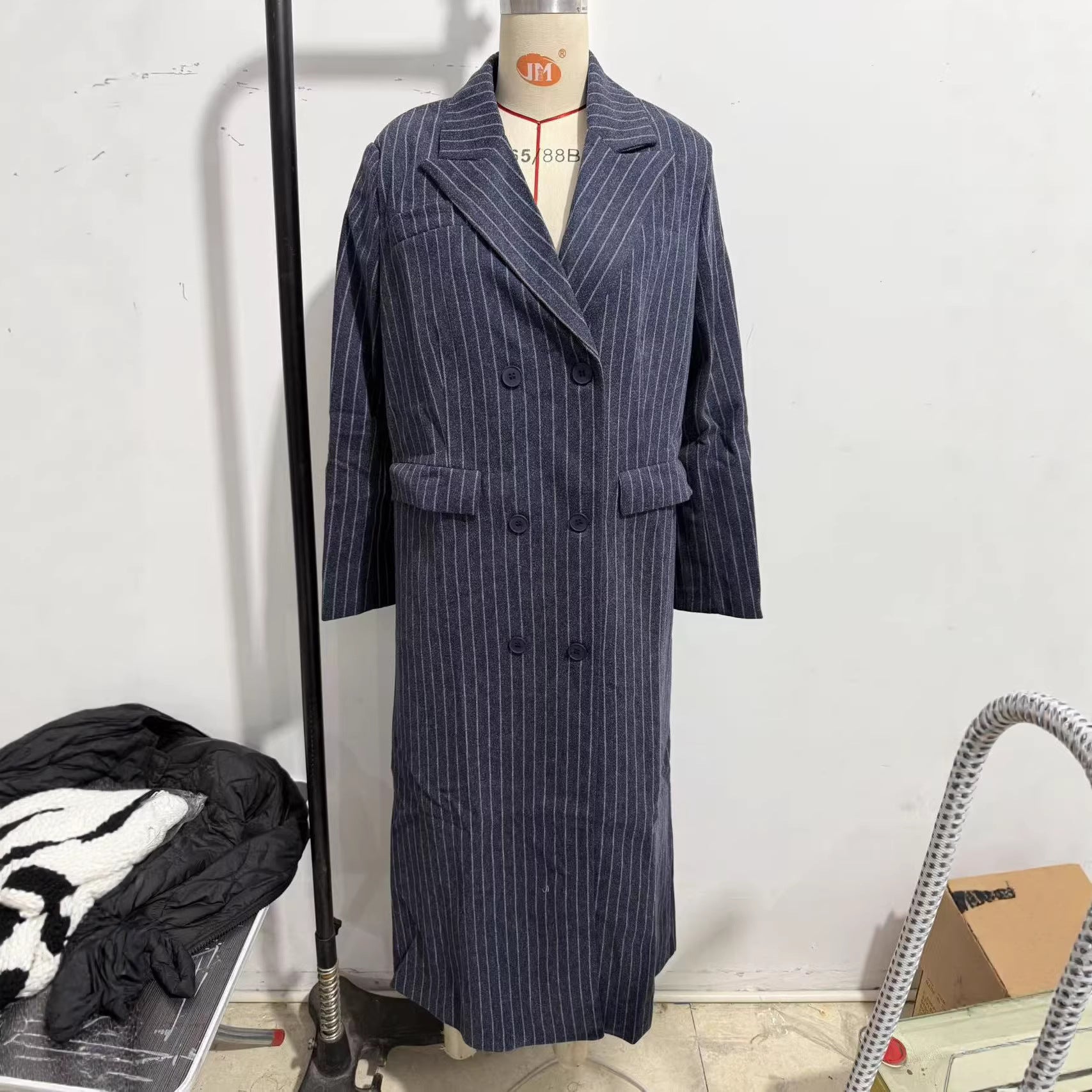 Women's Maximum Oversized Coat in Pinstripe Look with Double-Breasted Button Placket and Long Silhouette Chichicherry