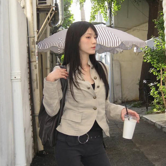 Women Tailored Linen Blazer with Stand-up Collar and Decorative Button Placket Chichicherry
