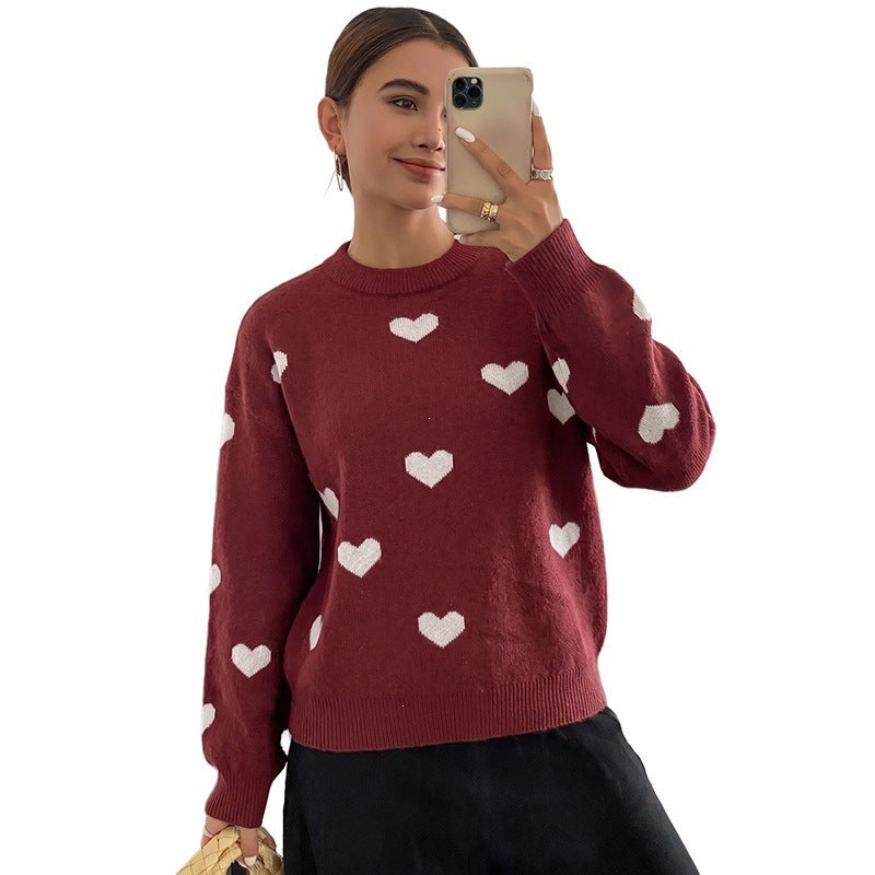 Women's round neck knitted pullover with heart jacquard and casual oversized fit Chichicherry