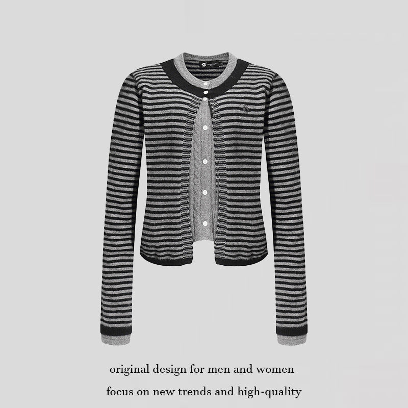 Women's Short Layered Cardigan with Round Neck and Fine Stripes Chichicherry