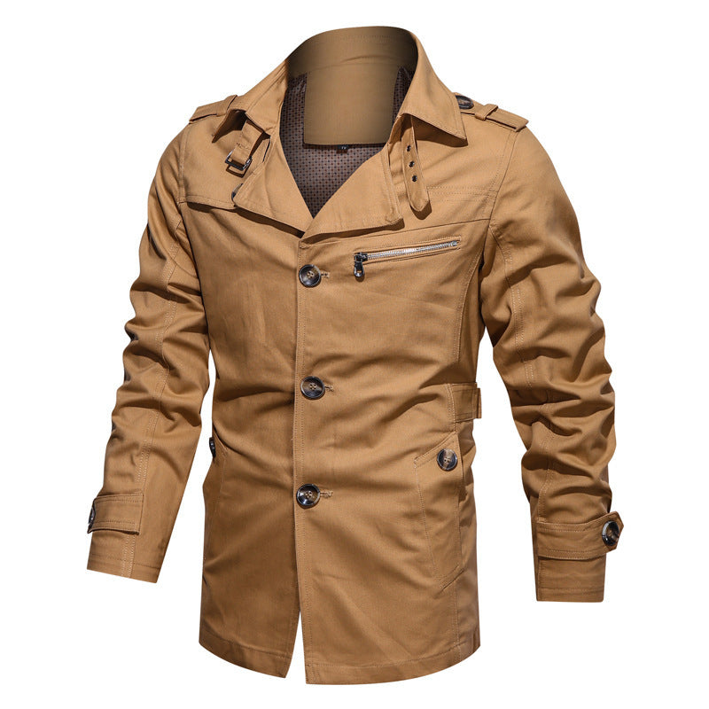 Men's Short Trench Coat in Utility Field Style with Stand-Up Collar and Zip Breast Pocket Chichicherry