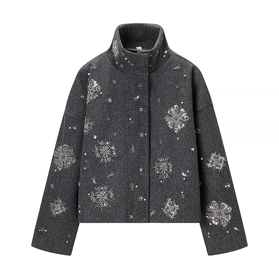 Women's short-cut wool blend coat with stand-up collar and bead sequin embroidery Chichicherry