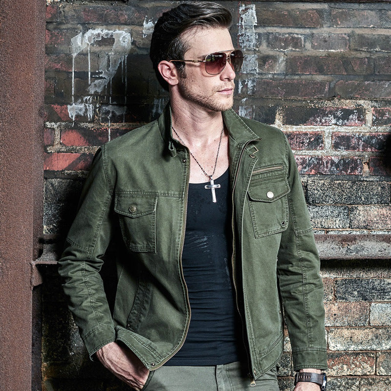 Men's slim canvas field jacket with military pocket detailing and stand collar Chichicherry