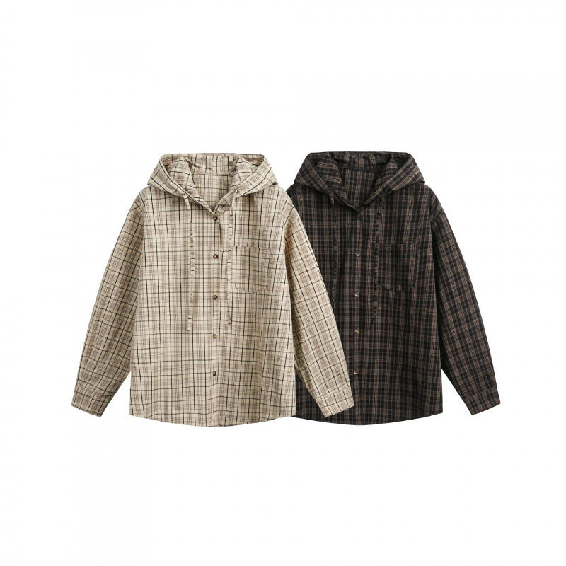 Unisex wide checkered hooded shirt jacket made of cotton flannel with patch breast pocket Chichicherry