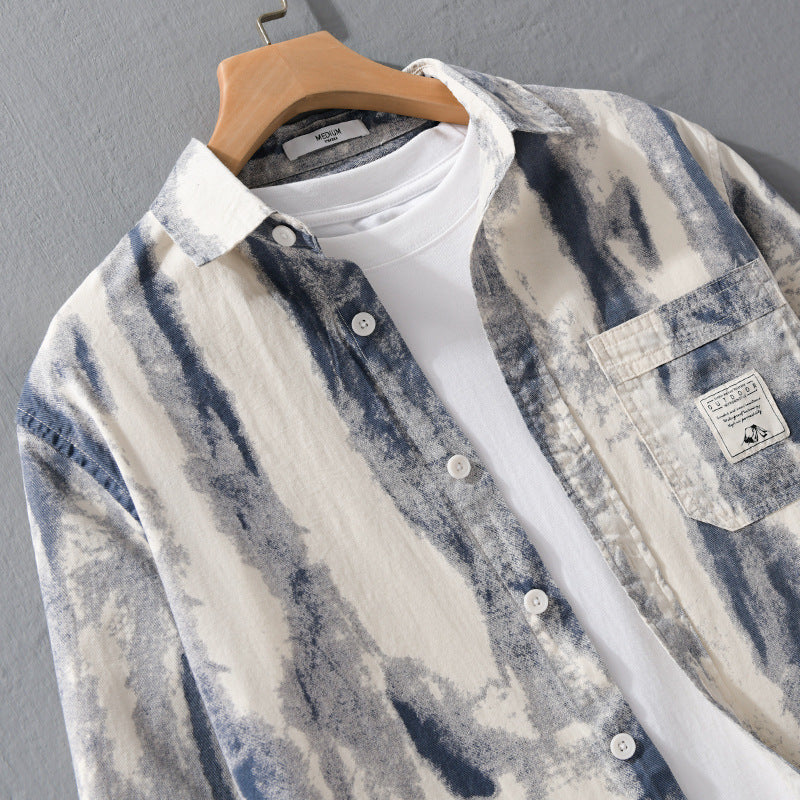 Men's Loose Shirt Jacket - Overshirt made of Linen-Cotton Blend with Abstract Brush Print and Kent Collar Chichicherry