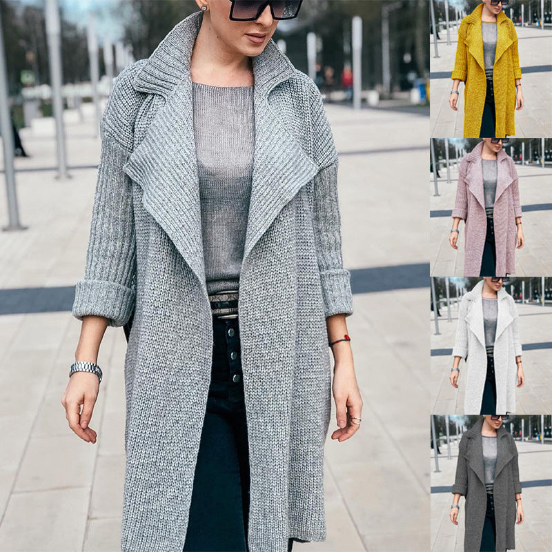 Women Long Open Knit Coat with Shawl Collar and Cuffed Sleeves Chichicherry