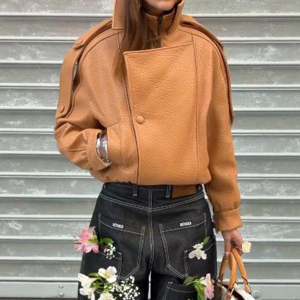 Ladies Cropped Oversized Jacket made of textured synthetic leather with a high stand-up collar Chichicherry