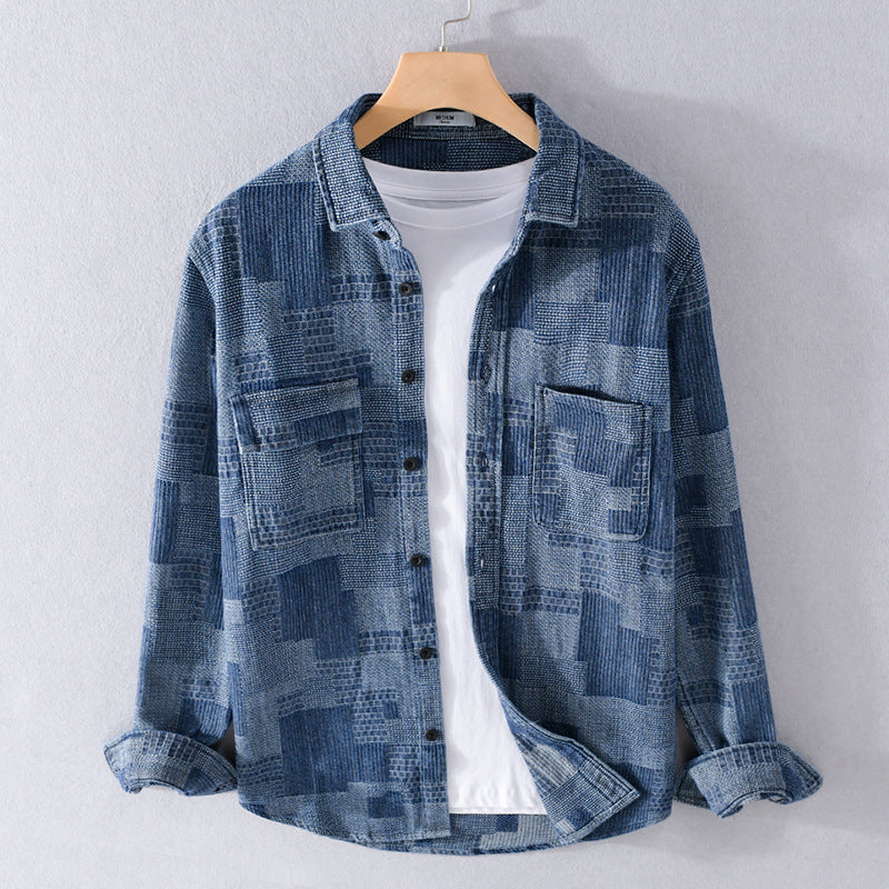 Men's Structured Cord Shirt Jacket in Patchwork Pattern with Kent Collar Chichicherry