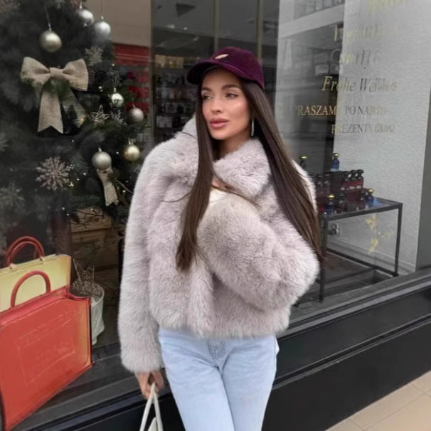 Women's Short-Cut Faux Fur Blouson with Voluminous Shawl Collar and Dense Pile Chichicherry