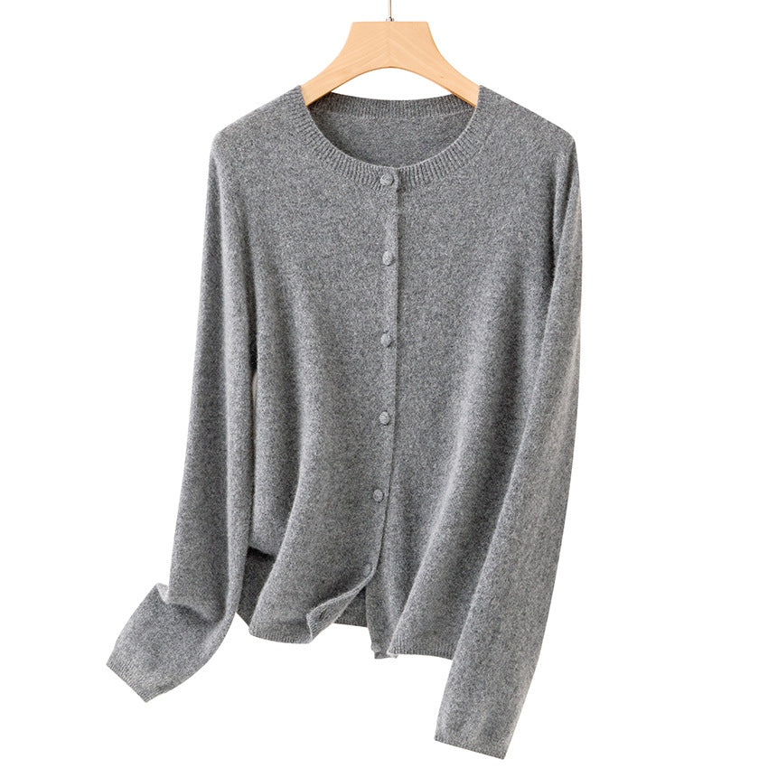 Women Fine Round Neck Cardigan with Button Placket and Light Fleece Chichicherry