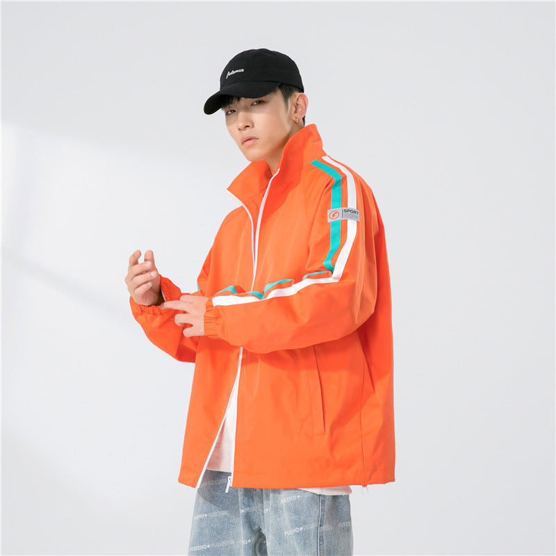 Men's Loose Fit Track Jacket with Stand-Up Collar, Contrasting Stripe Sleeves, and Elastic Cuffs