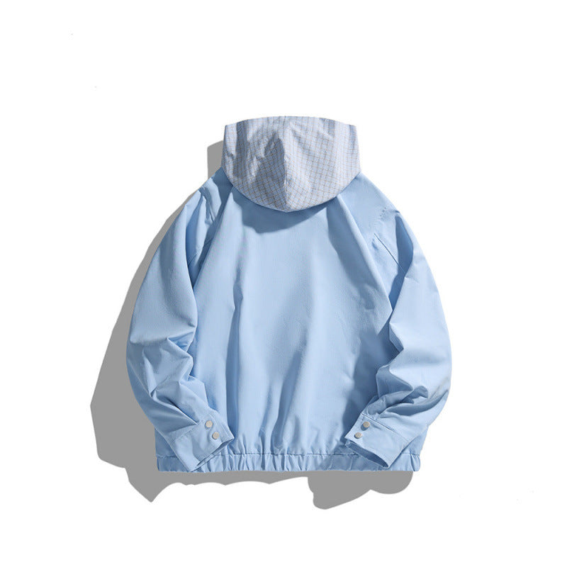 Unisex Lightweight Hooded Transition Jacket with Checkered Pattern Lining and Chest Pocket Chichicherry