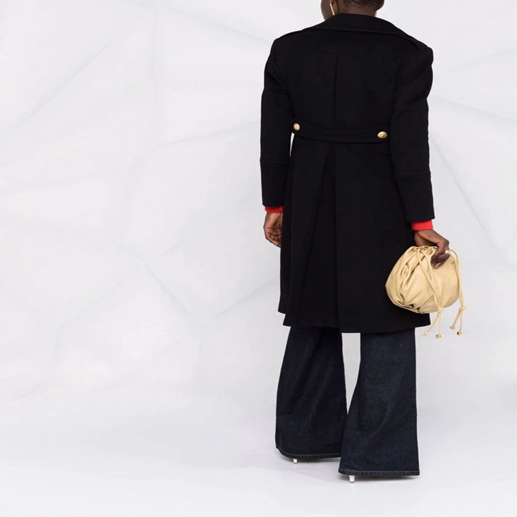 Women Tailored Double-Breasted Coat in Marine Style with Golden Decorative Buttons and Flap Pockets Chichicherry