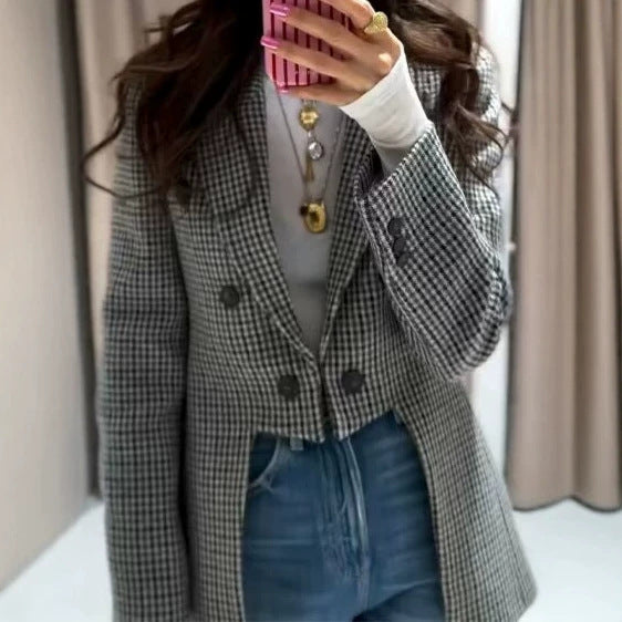 Ladies Short-Cut Houndstooth Blazer with Tailcoat Look Chichicherry