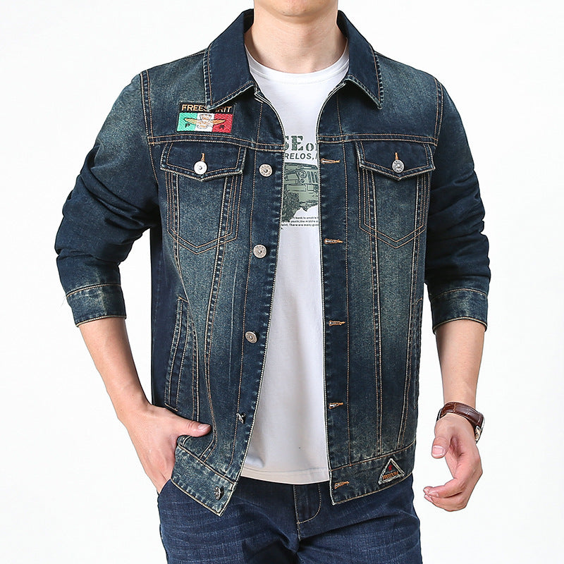 Men's jeans jacket in vintage look with patches and printed lining Chichicherry