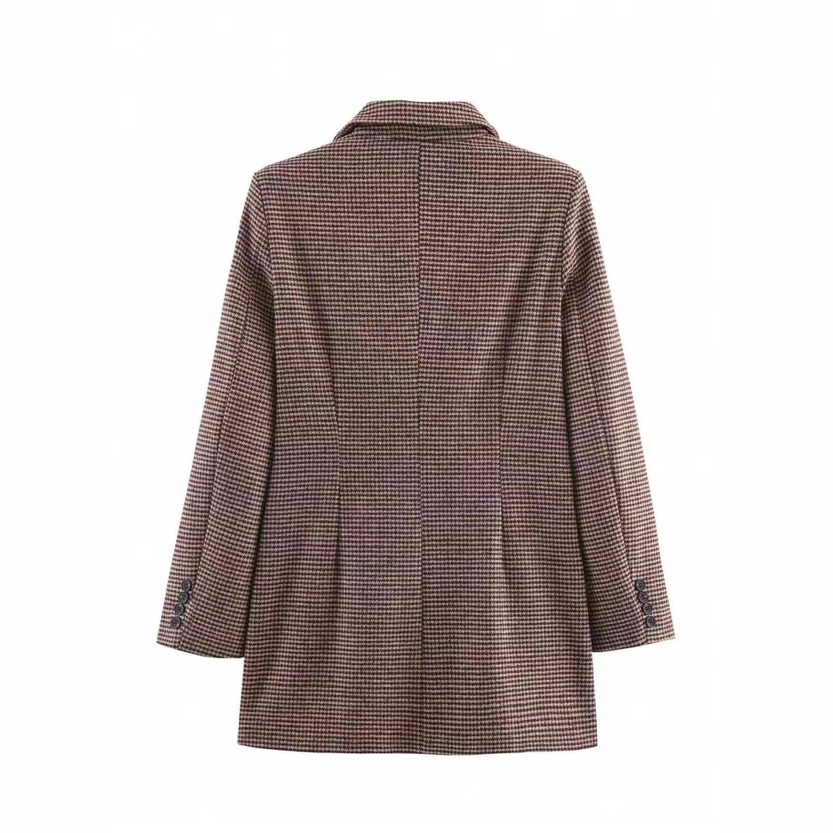Women's Double-Breasted Houndstooth Blazer with Oversized Cut and Lapel Collar Chichicherry