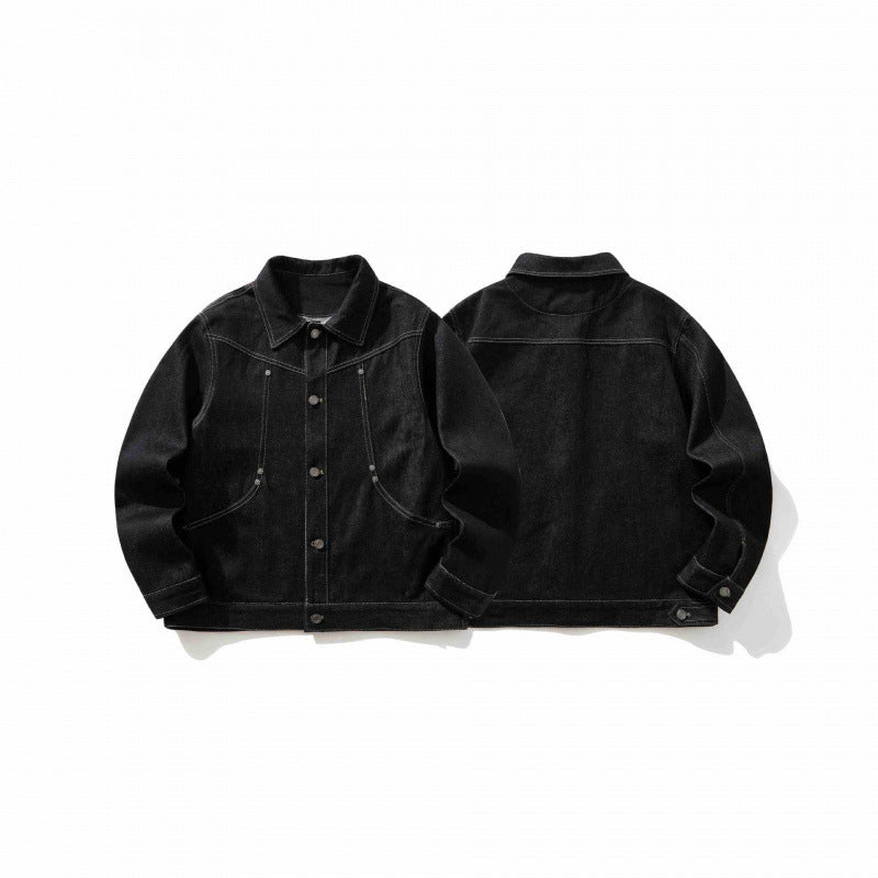 Men's short-cut denim worker jacket with boxy silhouette, contrast seams, and round pockets Chichicherry