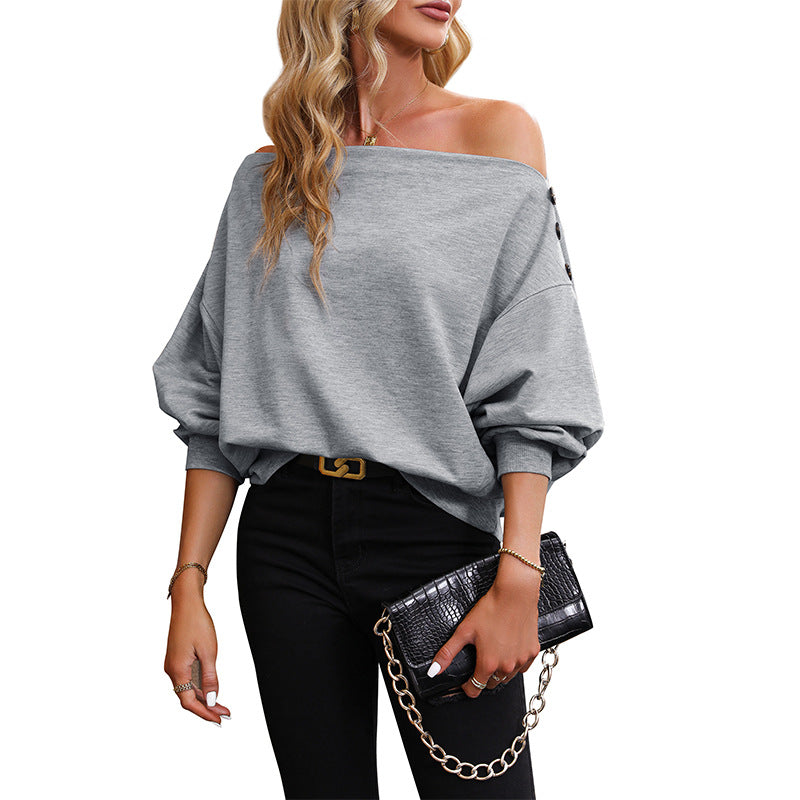 Women's Oversize Off-Shoulder Sweatshirt with Decorative Button Placket and Balloon Sleeves Chichicherry