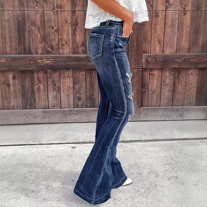 Women's High-Waisted Flared Jeans in Retro Flare with Large Rip Applications and Shaping Fit Chichicherry