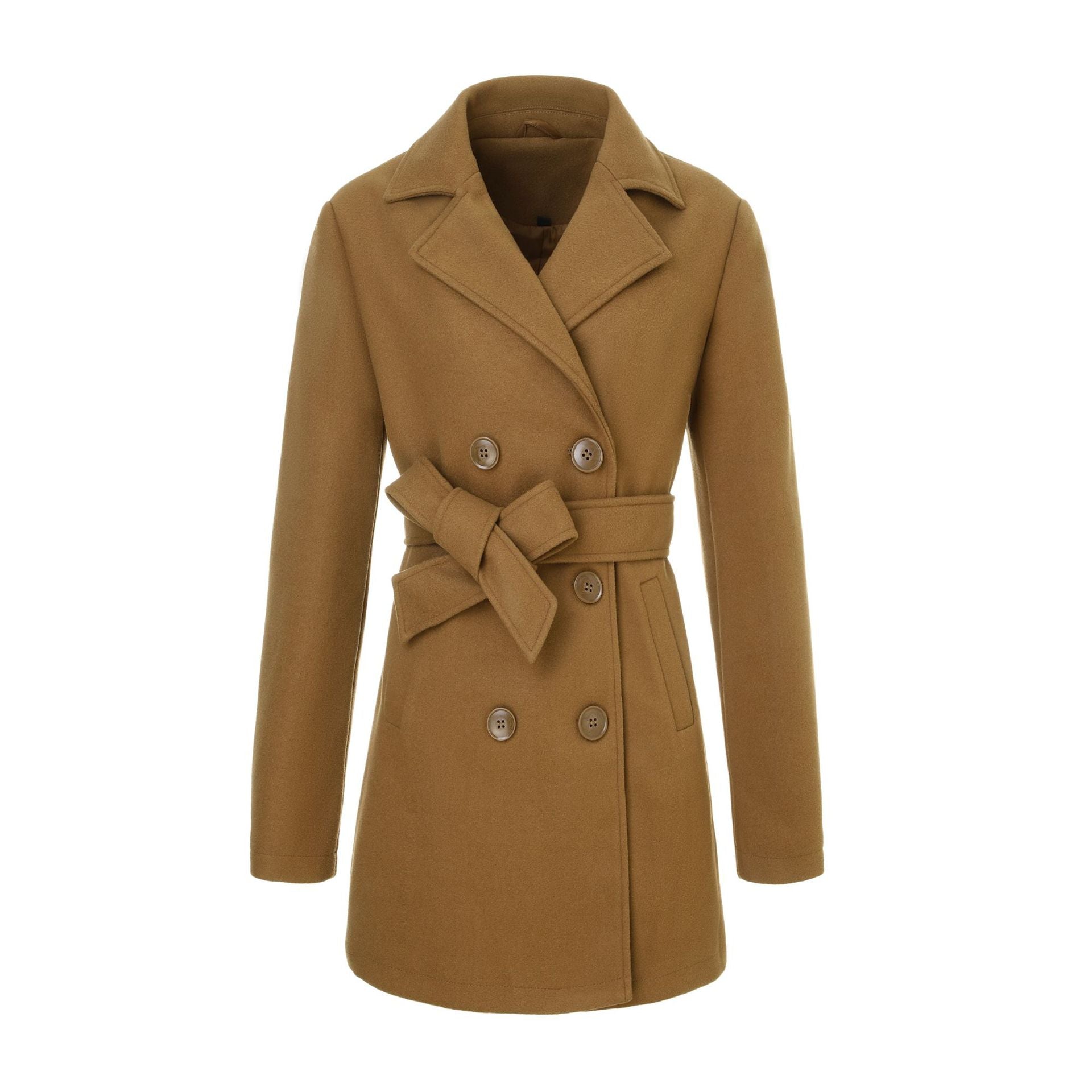 Women's tailored double-breasted wool coat with tie belt and lapel collar Chichicherry
