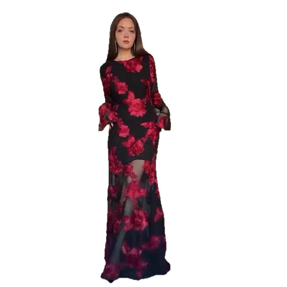 Women’s maxi dress with transparent mesh and floral embroidery Chichicherry