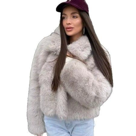 Women's Short-Cut Faux Fur Blouson with Voluminous Shawl Collar and Dense Pile Chichicherry