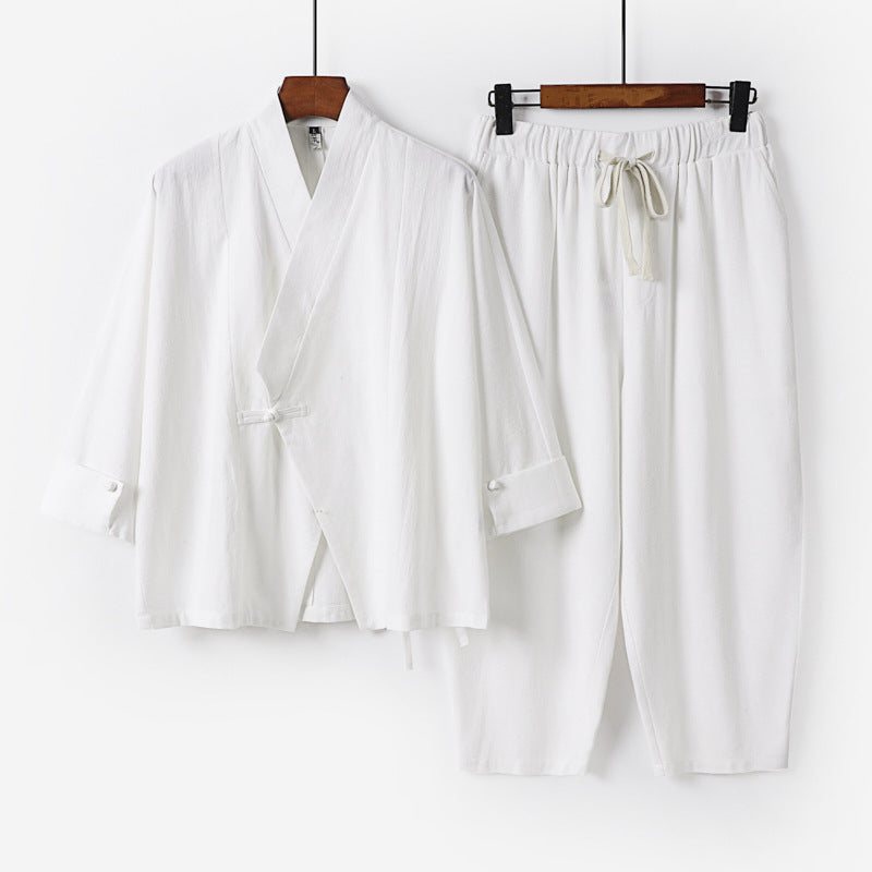 Men's Breathable Linen-Cotton Lounge Set with Asymmetrical V-Neck and Elastic Cord Pants Chichicherry