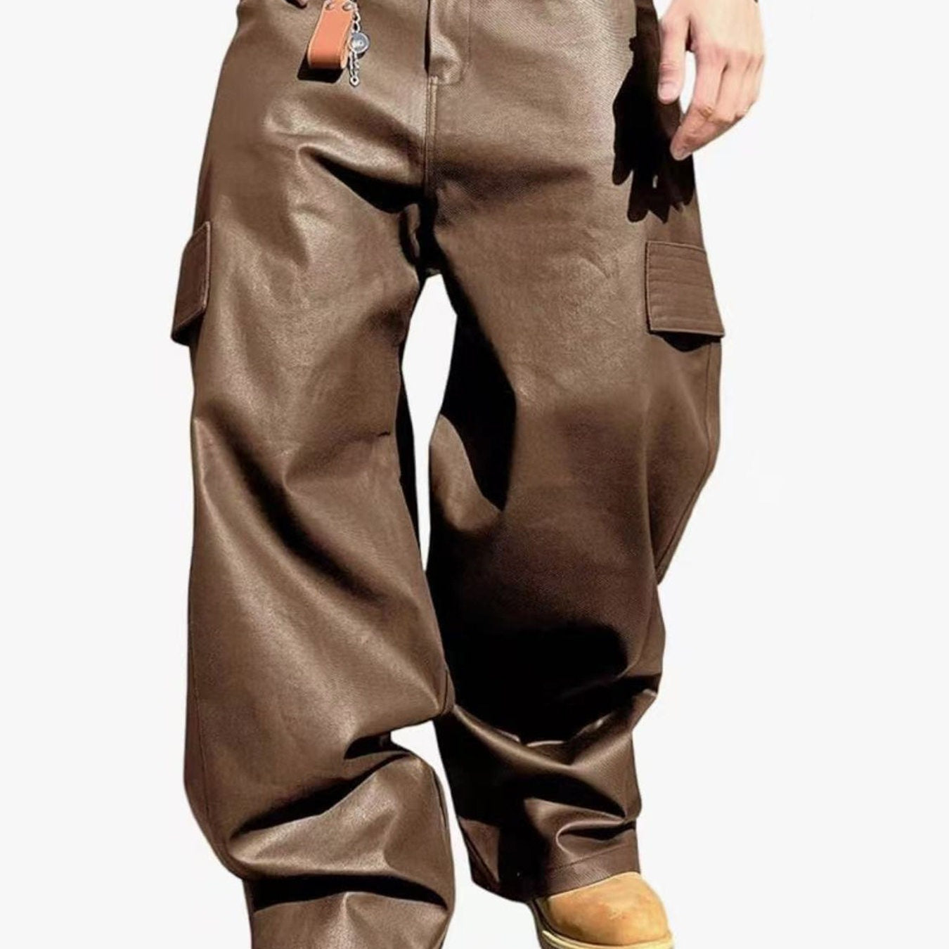 Men's Wide Cut Cargo Pants in Leather Look with Flap Pockets Chichicherry