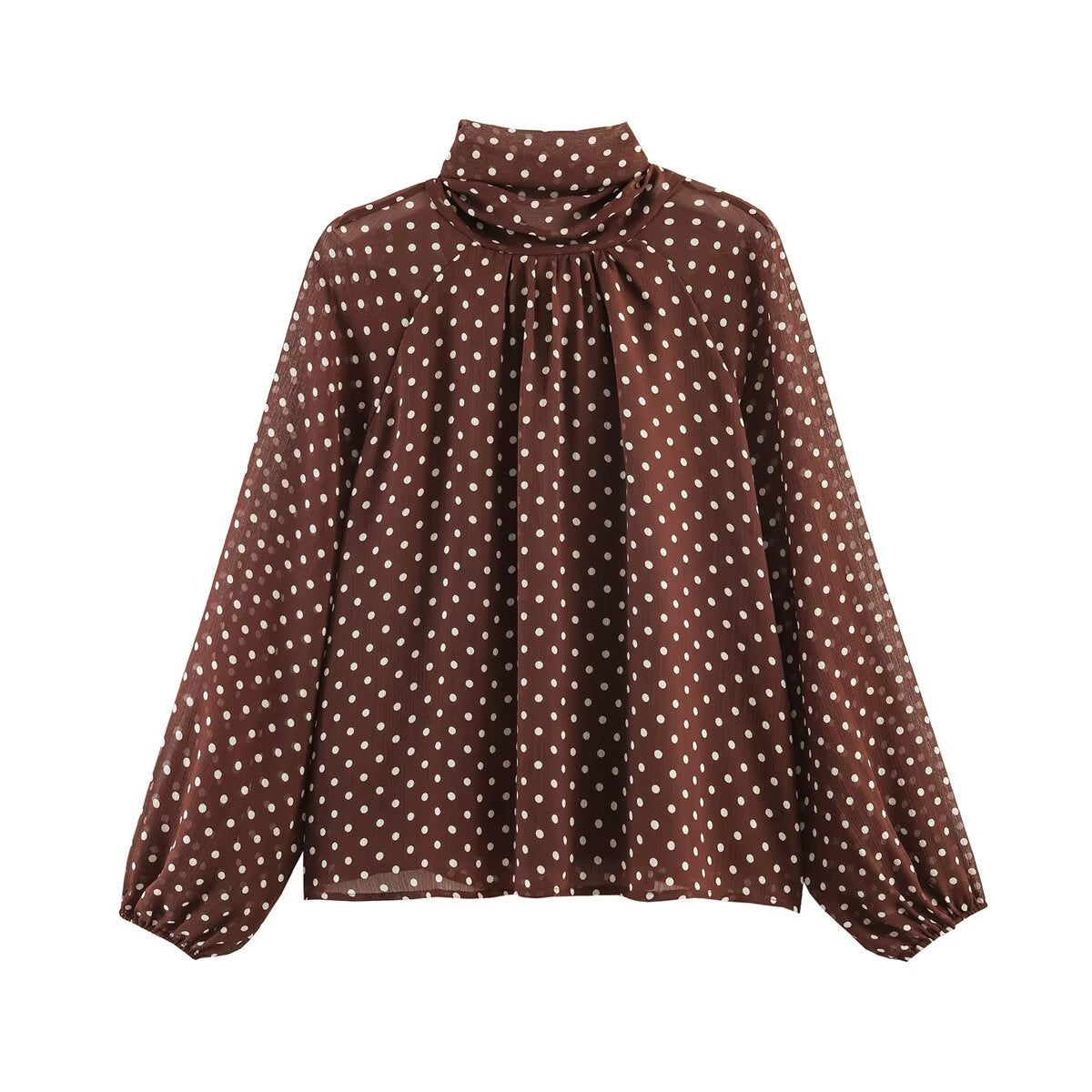 Women's Polka Dot Blouse with High Stand Collar, Ruffled Neckline and Balloon Sleeves Chichicherry