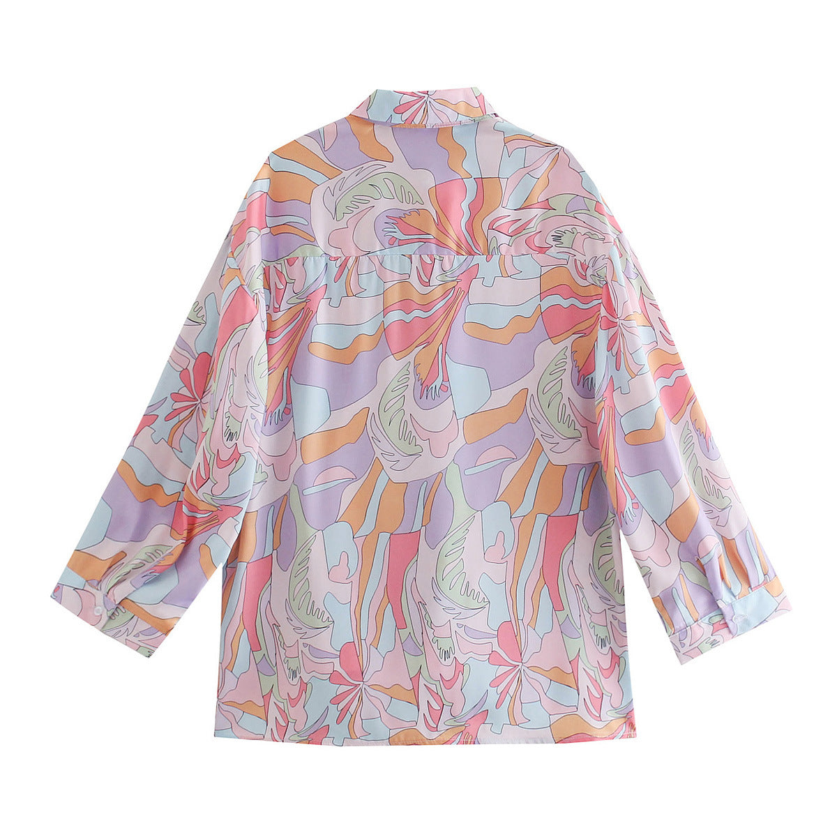 Women Oversize Shirt Blouse with Abstract Allover Print, Lightweight Chiffon Top, Long Sleeves Chichicherry