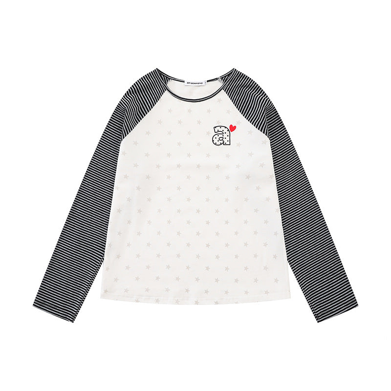 Women's raglan long sleeve shirt with striped sleeves, all-over stars and letter appliqué Chichicherry
