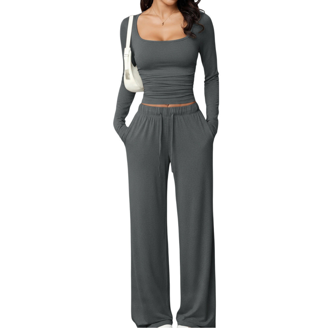 Women's Two-Piece Relax Set with Fitted Long Sleeve Crop Top and Loose Jersey Pants Chichicherry