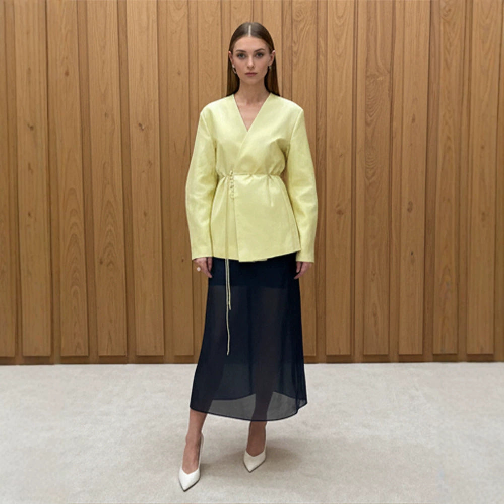 Women's wrap blazer with drawstring and wide culotte pants two-piece Chichicherry