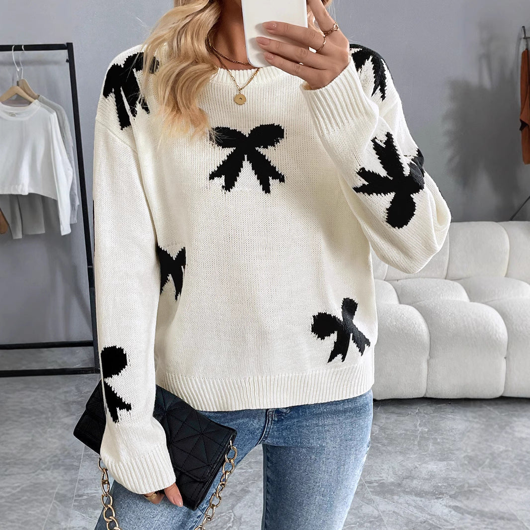 Women's Knitted Crew Neck Sweater with Bow Jacquard and Relaxed Fit Chichicherry