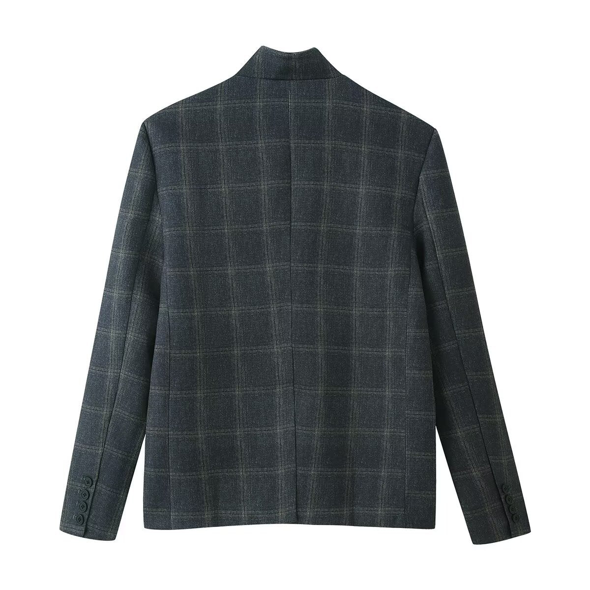 Women's box blazer with stand-up collar, asymmetric single-button placket and fine checked pattern Chichicherry