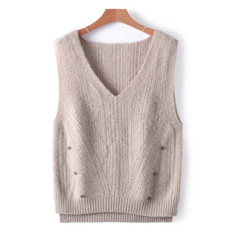 Ladies' knitted long vest with V-neck, cable pattern and side button placket Chichicherry