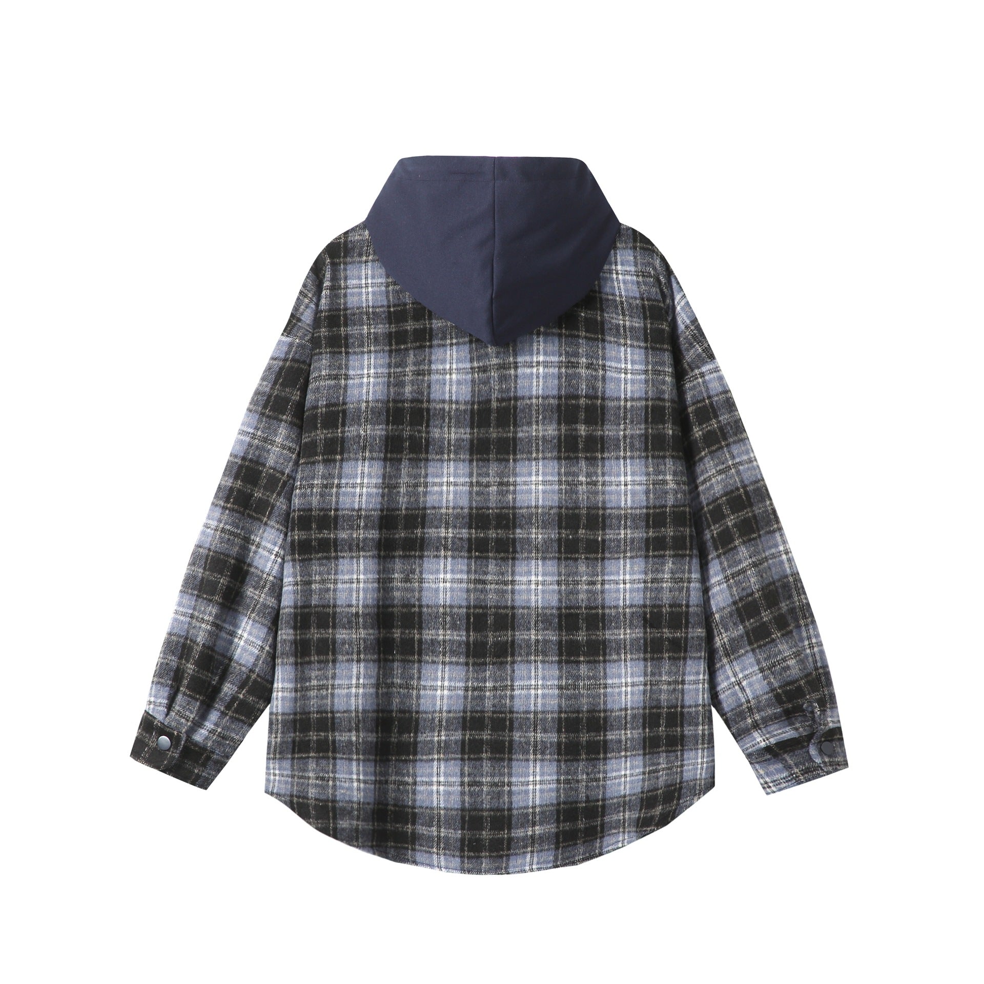 Unisex Oversized Check Shirt Jacket with Hood, Snap Buttons and Chest Pocket Chichicherry