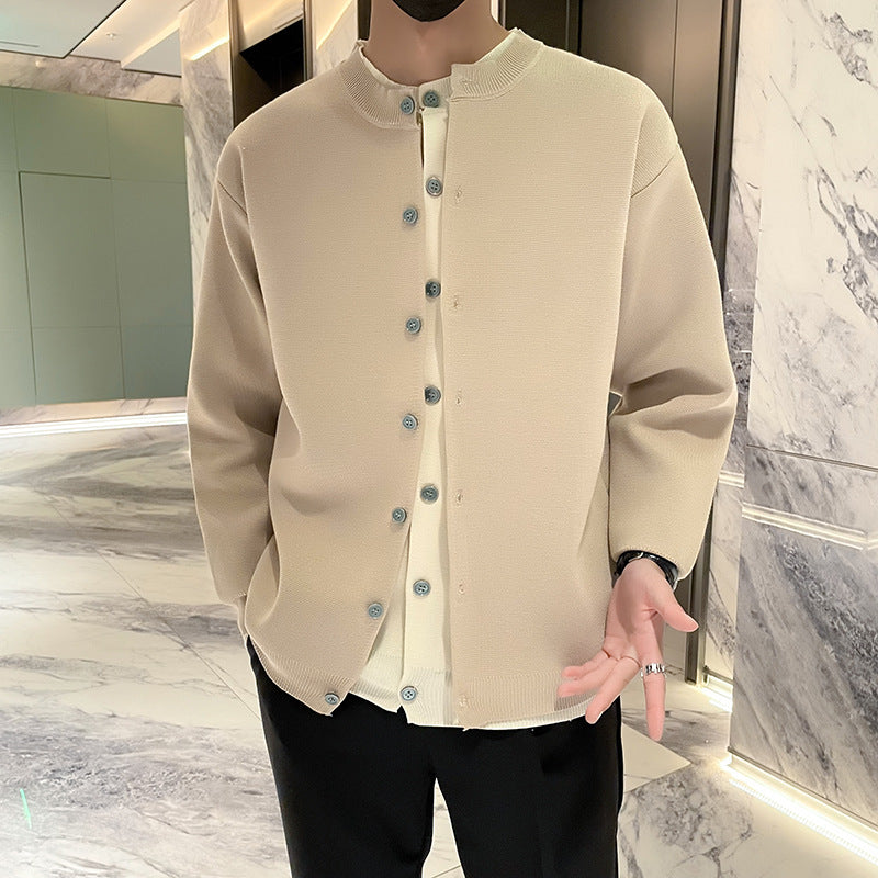 Herren Leichter Feinstrick-Cardigan mit Rundhals, Minimaler Optik und Kontrastknopfleiste Chichicherry