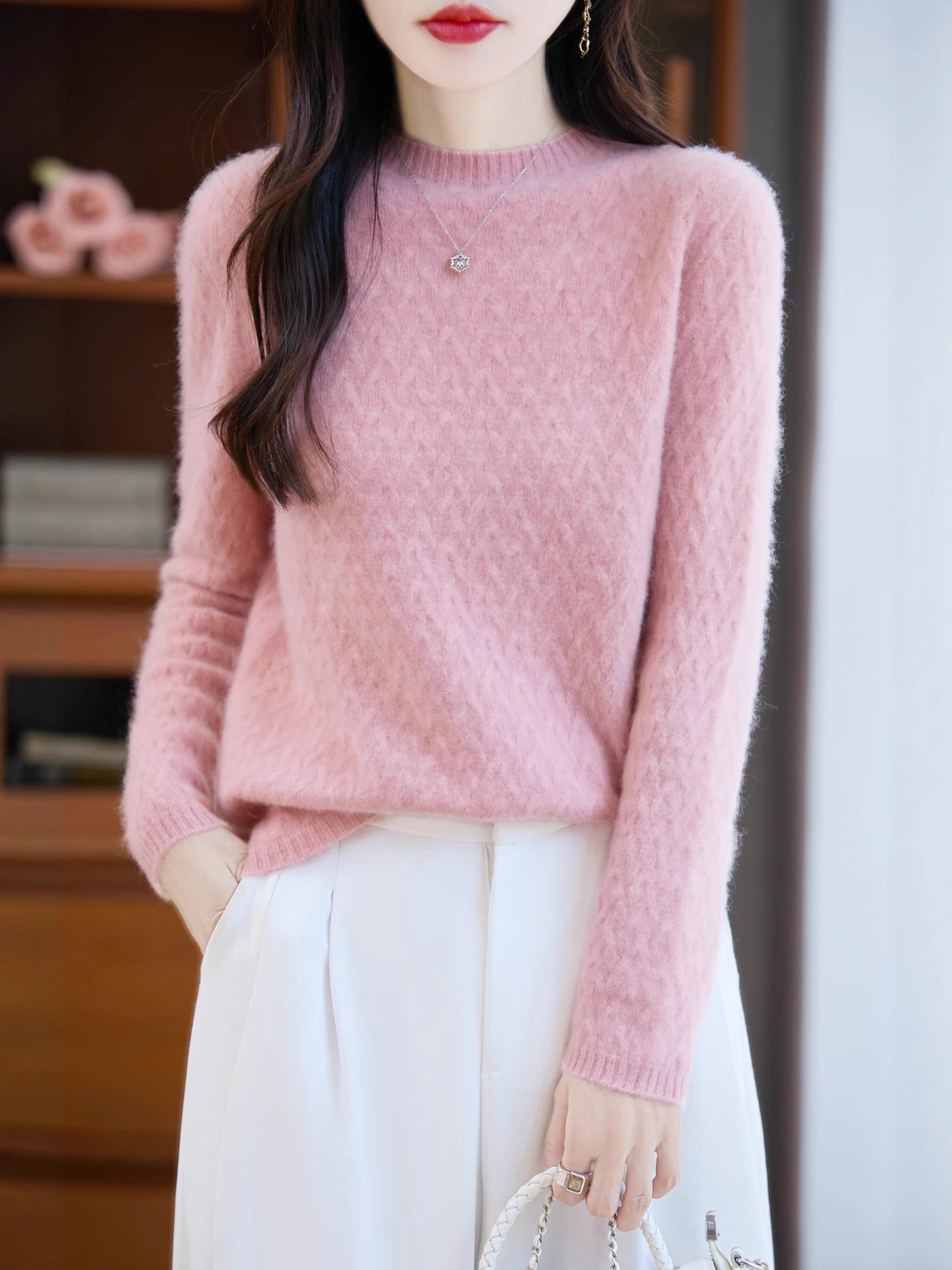 Women's Soft Fine Knit Sweater with Short Mock Neck, Light Mohair Look and Relaxed Silhouette Chichicherry