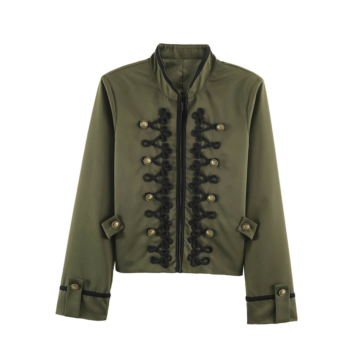 Women's Short Military Style Jacket with Ornamental Cord and Button Decoration Chichicherry