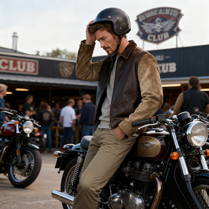 Men's leather jacket with cord sleeves, shirt collar and full zip Chichicherry