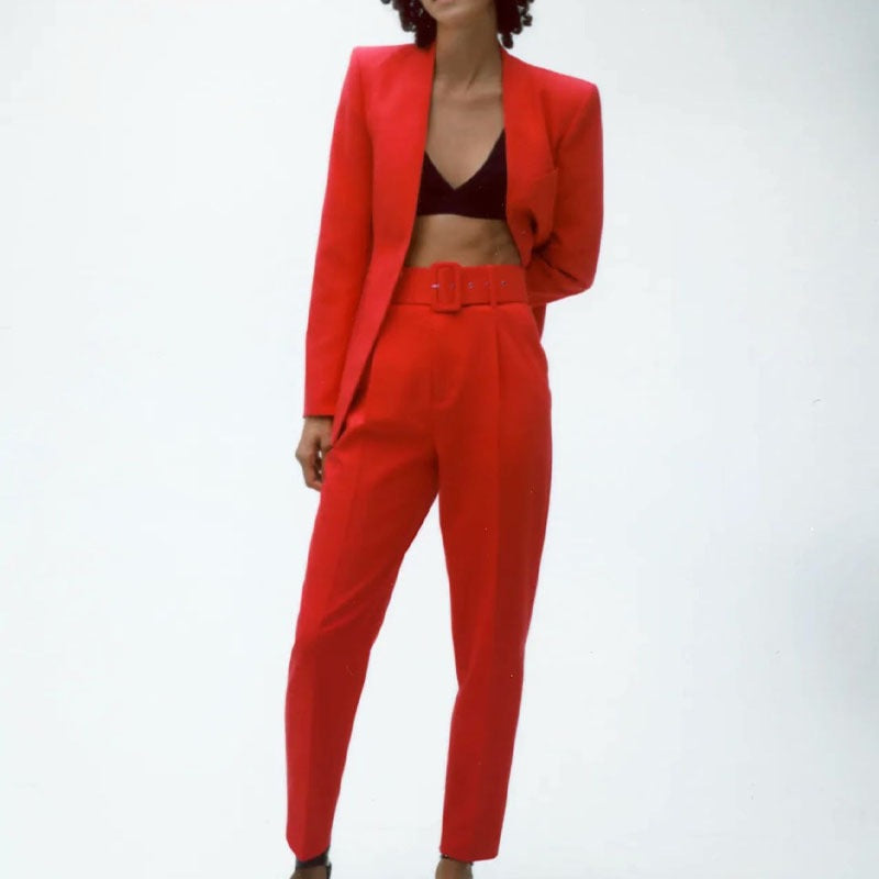 Women Tailored Blazer without Lapels with Open Front and Welt Pockets Chichicherry